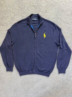 Polo Golf Ralph Lauren Golf Big Pony Sweater Mens XL Full Zip Pima Cotton Navy